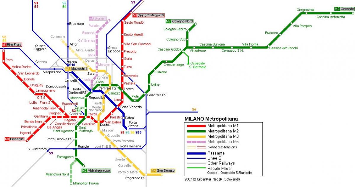 схема метро Милан 2016